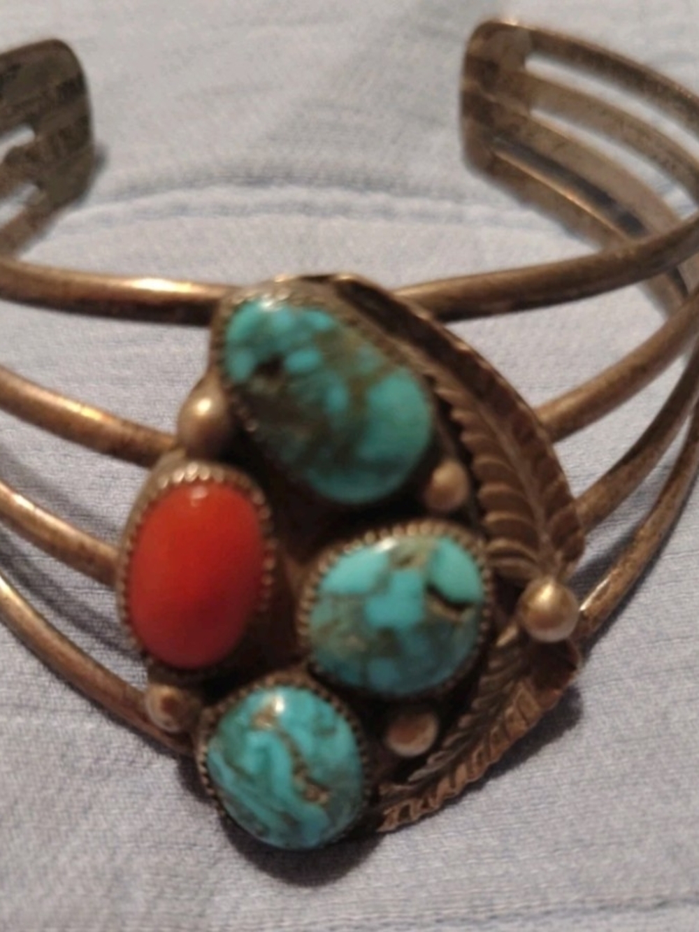 Vintage Navajo Native American Sterling Silver Turquoise And CoralCuff Bracelet